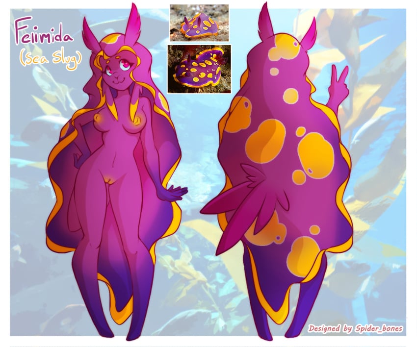 2025 6:5 :3 anthro aquatic_gastropod areola biped border breasts digital_media_(artwork) eyebrows eyelashes female full-length_portrait gastropod gesture hand_gesture marine model_sheet mollusk nipples non-mammal_breasts nude photo_background photography_(artwork) portrait purple_body red_eyes reference_image rhinophores sea_slug slug solo spider_bones standing v_sign white_border yellow_areola yellow_nipples