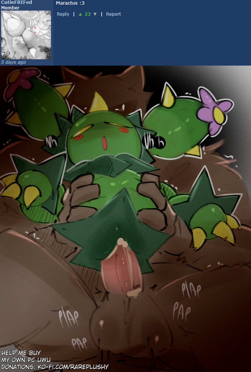 absurd_res ambiguous_gender anthro balls blush bodily_fluids cactus cactus_creature canid canine canis cum cum_inside duo elemental_creature flora_fauna fur generation_5_pokemon genital_fluids genitals grabbing_from_behind green_body hi_res intersex intersex/male male male_penetrating mammal maractus nintendo nude open_mouth penetration penile penile_penetration penis plant pokemon pokemon_(species) rareplushy rough_sex sex simple_background text wolf yellow_eyes