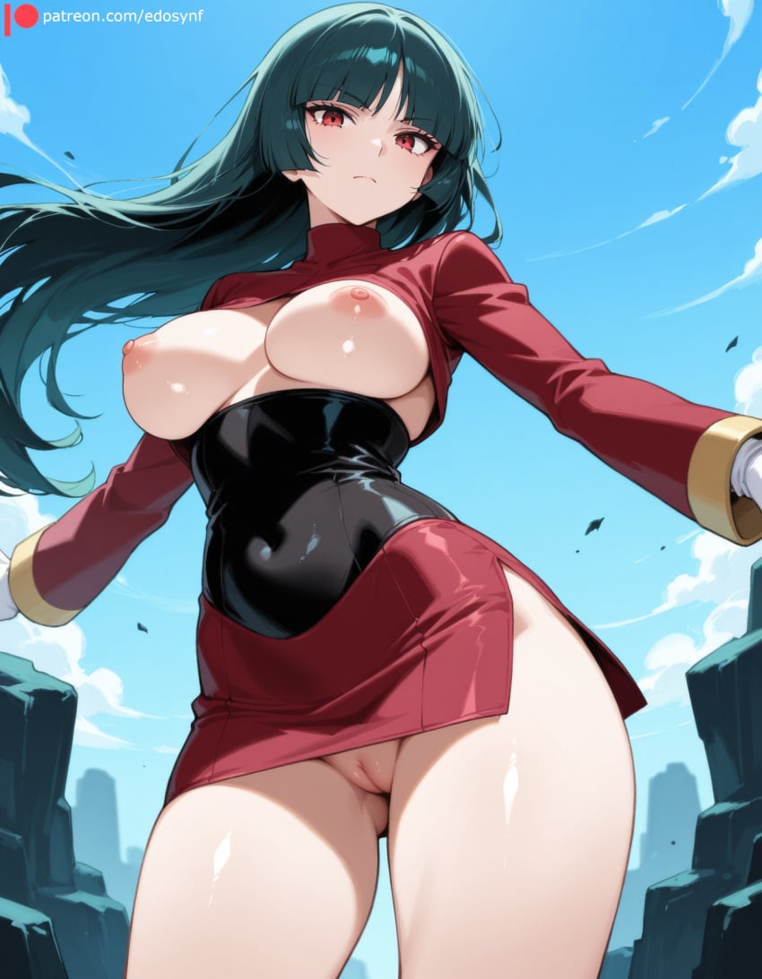 1girls ai_generated ass_visible_through_thighs bangs blue_sky boobs_out breasts breasts breasts breasts_out closed_mouth collared_dress day deep_skin edosynf expressionless female floating_hair gloves green_hair highres large_breasts long_hair long_sleeves looking_at_viewer medium_breasts nintendo nipples outdoors pokemon pokemon_(anime) pokemon_(game) pokemon_hgss pussy red_dress red_eyes sabrina_(pokemon) sabrina_(pokemon_hgss) self_upload serious shiny shiny_hair shiny_skin sky solo solo_focus standing thick_thighs thighs tits_out topless topless_female uncensored white_gloves wide_sleeves wind