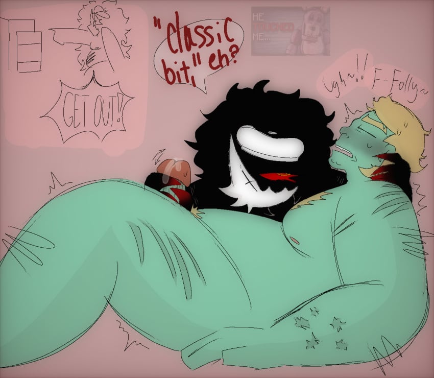 beauregard_(monster_lab) beret black_body blush body_hair caught_in_the_act cigarette_burn crossover_pairing cum cum_on_hand female female_on_top folly_(regretevator) hand_on_another's_head handjob male male/female meatcanyon messy_linework moaning_name monster_lab nudity pubic_hair reference_to_character regretevator salmon_background scars self_harm_scars self_upload simple_shading stroking_penis teasing unpleasant_gradient