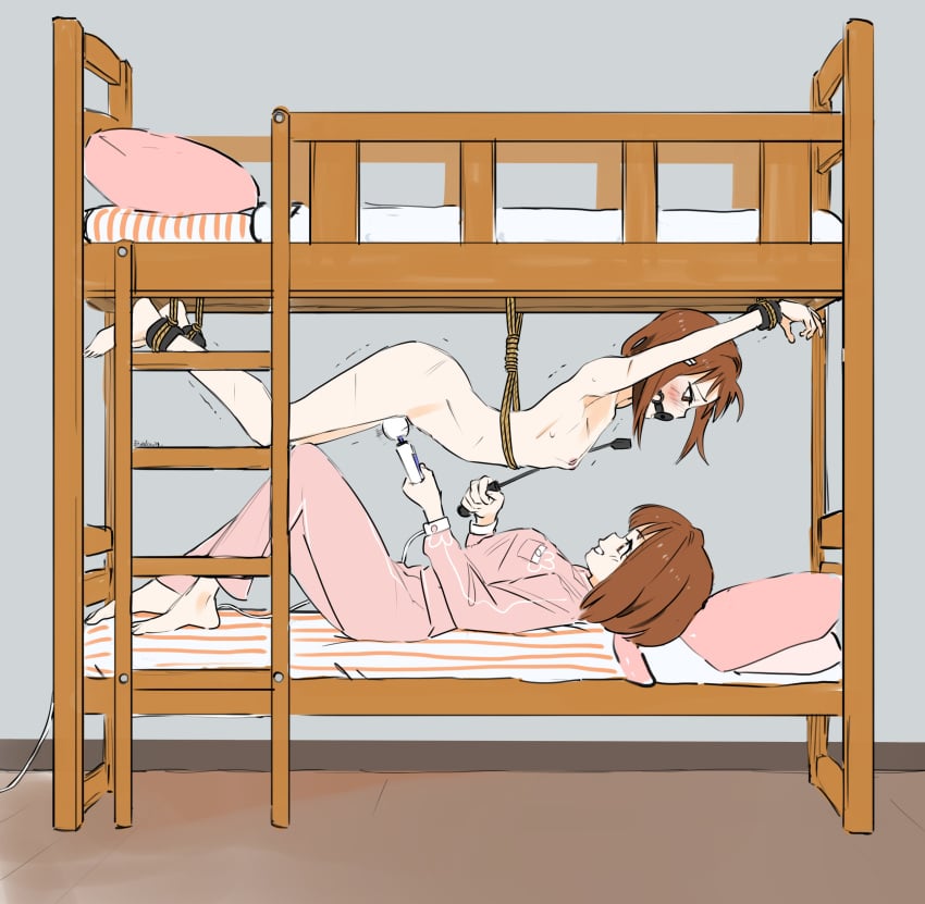 2girls absurdres artist_name ball_gag barefoot bed blush breasts brown_eyes brown_hair bunk_bed clothed_female_nude_female commentary commission completely_nude english_commentary eudetenis female from_side gag gagged grin hair_ornament hairclip highres hitachi_magic_wand incest indoors ladder long_sleeves looking_at_another lying multiple_girls nipples nude on_back original pajamas pants pillow pink_pajamas pink_pants restrained riding_crop rope second-party_source sex_toy short_hair siblings sisters small_breasts smile stationary_restraints suspension trembling twins vibrator whip_marks yuri