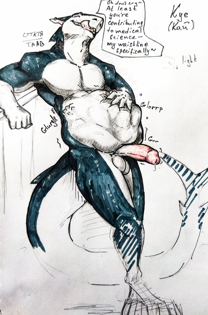 absurd_res anthro anxiousboar balls belly belly_rub bodily_fluids cum dialogue erection fish genital_fluids genitals hi_res imprint leaking_cum male male/male marine marker_(artwork) nude outline penis shark solo speech_bubble traditional_media_(artwork) vore