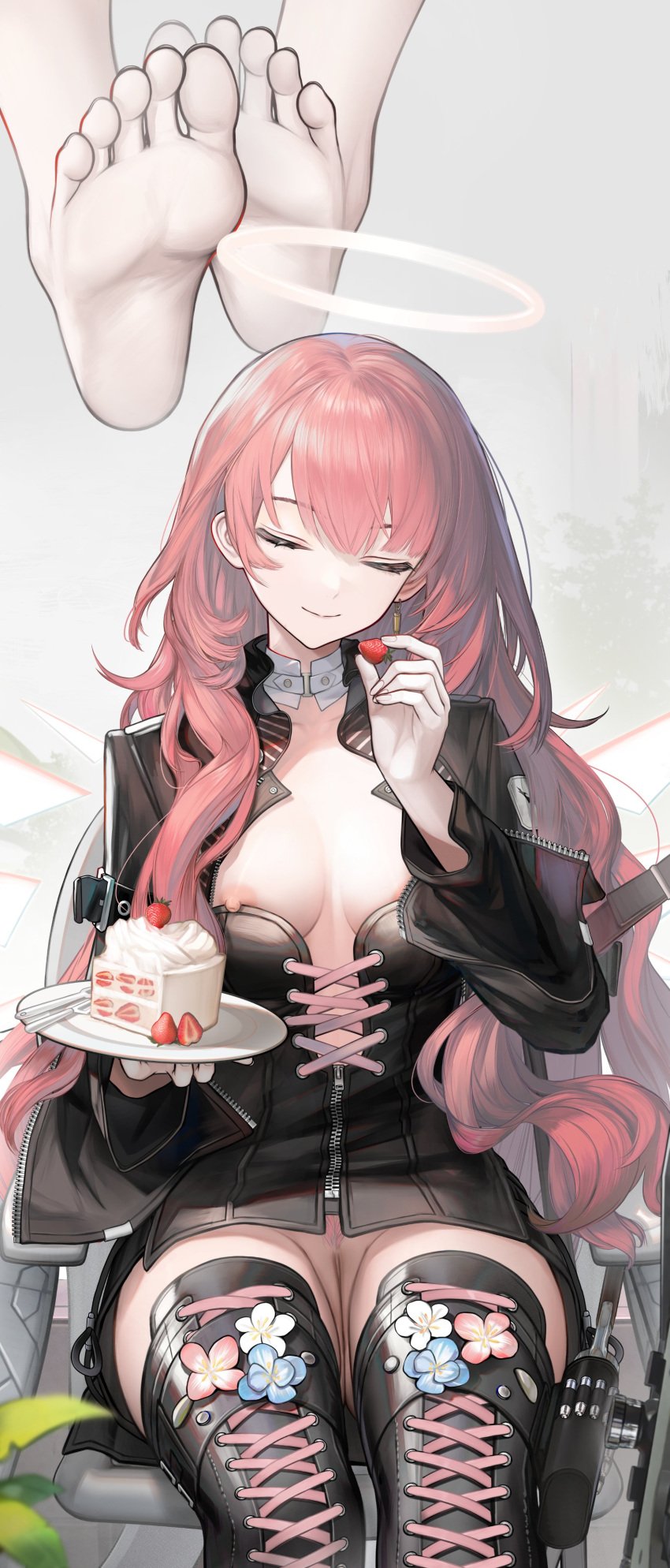 absurdres areola_slip arknights barefoot black_bow black_dress black_jacket black_shorts black_thighhighs blue_flower boots bow breasts cake cake_slice closed_eyes closed_mouth collar colored_pubic_hair dress earrings energy_wings feet female female_pubic_hair flower food footwear_flower fruit grey_background halo highres holding holding_plate jacket jewelry lemuen_(arknights) long_hair long_sleeves nipple_slip nipples nopetroto pink_flower pink_hair pink_pubic_hair plant plate pubic_hair pussy shorts simple_background single_earring sitting smile soles solo_focus strawberry thigh_boots thighhighs thighs toes uncensored white_collar white_flower wings