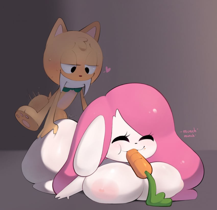 2022 3_toes accessory anthro areola ass balls big_balls big_breasts big_butt big_penis biped black_eyes blush bodily_fluids bow_tie breasts carrot digital_drawing_(artwork) digital_media_(artwork) duo eating eyebrows eyelashes fangs feet felid female female_penetrated food from_behind_position front_view genitals hair half-closed_eyes hand_on_butt heart_symbol hi_res kneeling lagomorph layla_(mu) leporid lying male male/female male_penetrating male_penetrating_female mammal monotone_body mu_(artist) narrowed_eyes nipples nude nude_female nude_male on_front onomatopoeia orange_body pawpads paws penetration penis pink_hair plant prehistoric_species rabbit ritz_(mu) saber-toothed_tiger sex simple_background sound_effects sweat tail tan_body teeth text three-quarter_view toes tuft vegetable