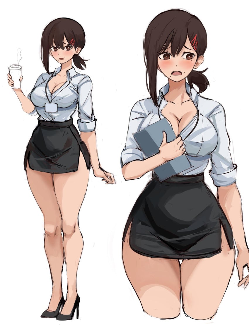 blush coffee heels higashiyama_kobeni hourglass_figure looking_at_viewer office_lady rakeemspoon thick_thighs white_background