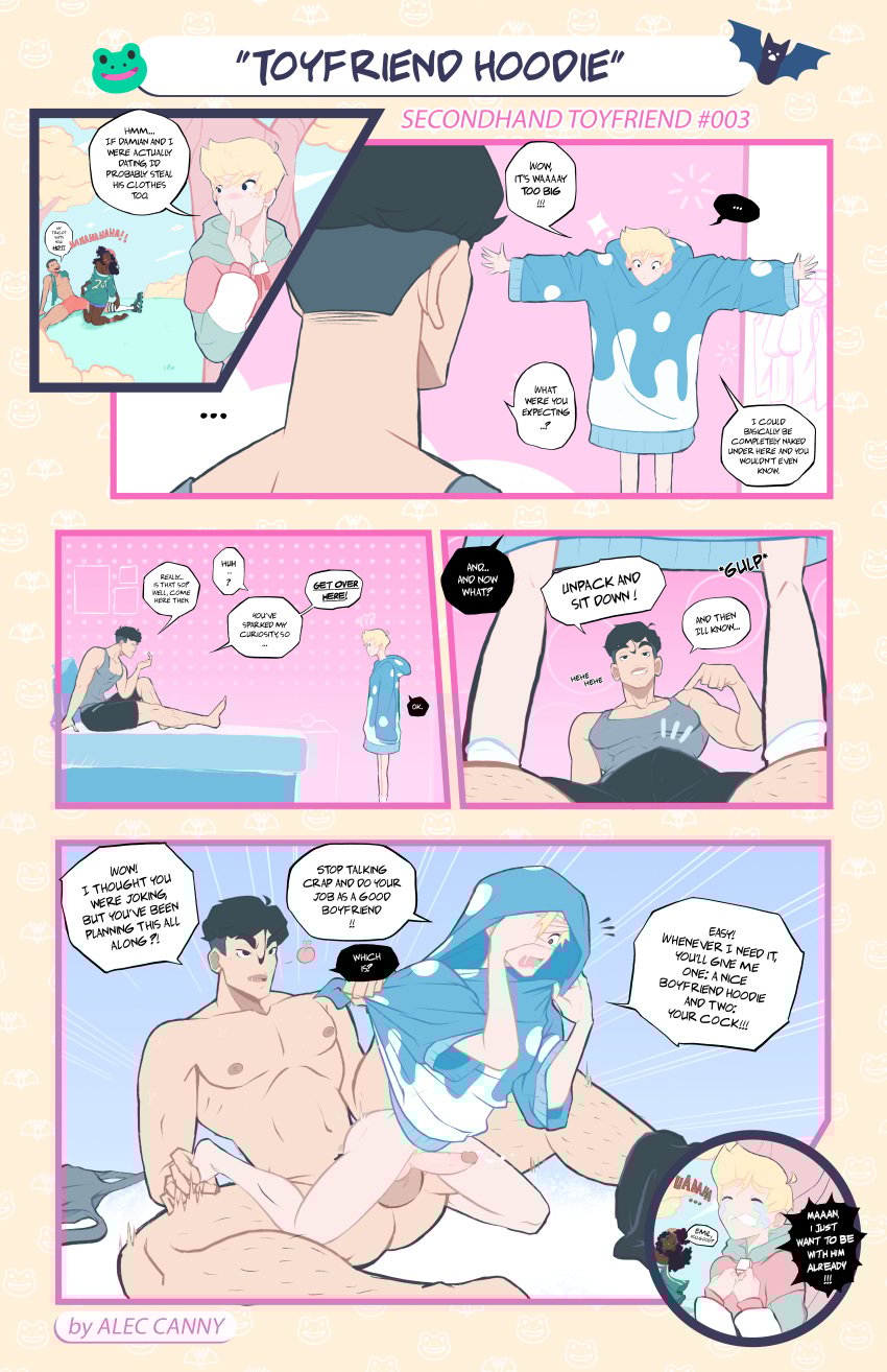 aleccanny anal anal_sex ass ass_focus bed bedroom black_hair black_hair_male blonde_hair blonde_hair_female color colored comic english_text eyes gay gay_anal gay_male gay_sex hair male male/male male_focus male_only marked muscular muscular_male naked naked_male original original_character penetration text twink yaoi
