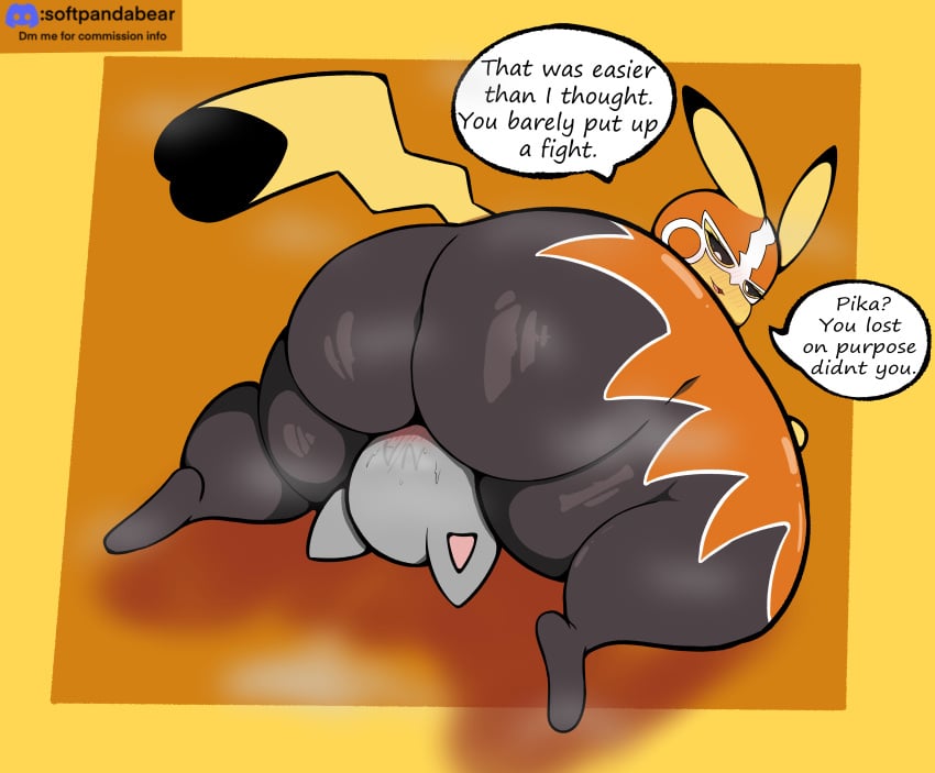 absurd_res anthro ass blush bodily_fluids cleft_tail clothed clothing cosplay_pikachu_(character) cosplay_pikachu_(costume) digital_media_(artwork) duo english_text female fur generation_1_pokemon hi_res mammal mask musk musk_clouds nintendo open_mouth overweight overweight_anthro overweight_female pikachu pikachu_libre pokemon pokemon_(species) rodent simple_background smile softpandabear sweat tail text thick_thighs tongue yellow_body yellow_fur