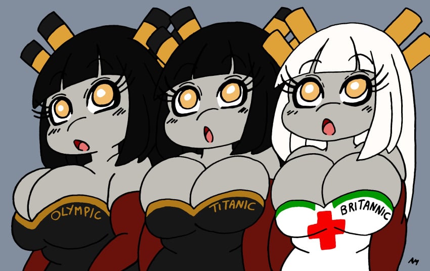 3girls ass back_view big_ass big_breasts black_hair boat breasts britannic chubby chubby_female clothed clothing curvy female heart humanoid large_breasts lilievilla living_machine living_vehicle looking_at_viewer olympic ship shipmorph sister_ship sisters string tattoo thick_thighs tight_clothing titanic trio triplets white_hair yellow_eyes