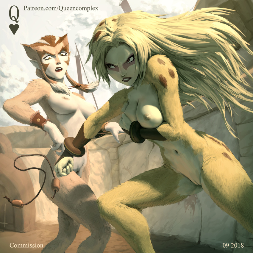 2girls alternate_breast_size animal_humanoid areolae blonde_hair breasts cat_humanoid catfight cheetah cheetara clothing colosseum feline feline_humanoid female female_only fight hair humanoid long_hair medium_breasts multiple_girls navel nipples pumyra queencomplex shorts small_breasts text thundercats topless url watermark yellow_fur