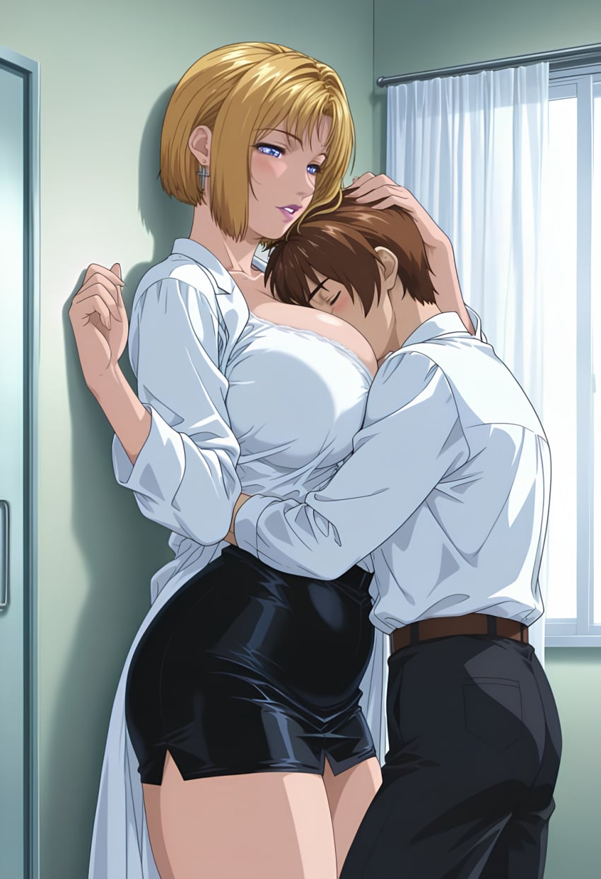 1boy 1girls adult_and_teenager adult_female against_wall age_difference ai_generated alternate_costume bangs_over_eyes bare_shoulders before_sex bible_black bible_black_new_testament big_breasts blonde_hair bob_cut breast_focus breast_smother breast_worship brown_hair busty closed_eyes faithful_to_the_anime faustlikeai female good_boy hallway head_pat height_difference high_resolution imminent_sex kitami_reika labcoat large_breasts lipstick male milf no_sex official_alternate_costume older_female_and_younger_male pants parted_bangs pencil_skirt school_uniform shin_bible_black shirt short_hair size_difference skirt smaller_male smothering smothering_breast stockings swept_bangs taller_female teacher_and_student teenage_male teenager thighhighs uncensored voluptuous voluptuous_female