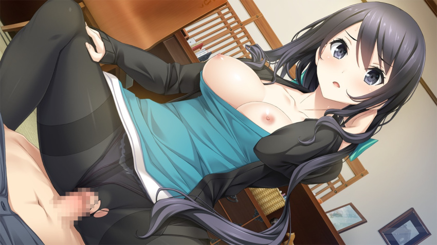 1boy 1girls areolae big_breasts black_hair breasts breasts_out censored cowgirl_position female game_cg haru_kiss highres large_breasts legs long_hair looking_at_viewer lying mikoto_akemi navel nipples no_bra panties panties_aside panties_under_pantyhose pantyhose penis pussy sex sitting sitting_on_person thighs torn_pantyhose underwear vaginal_penetration