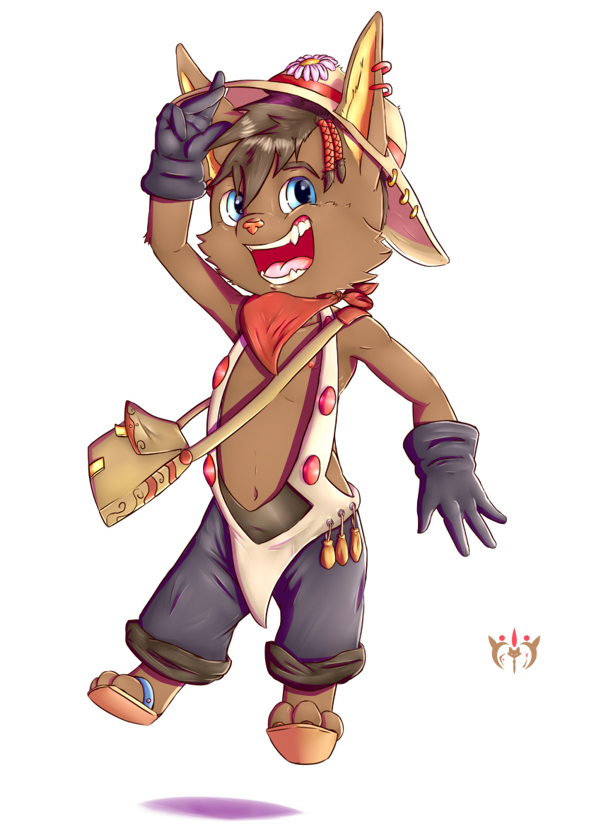 alpha_channel blue_eyes cheerful clothed clothing footwear furfit gloves half-dressed hat league_of_legends male male_only milo_(furfit) nipples open_mouth pants plain_background pouch saluting sandals satchel sharp_teeth signature solo teeth tongue topless transparent_background video_games yordle