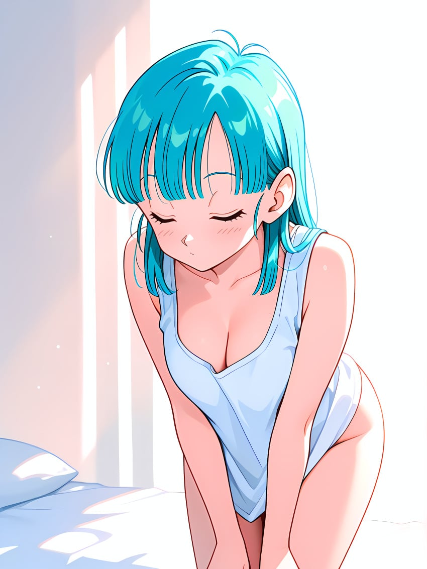 1girl absurd_res absurdres ai-created ai-generated ai_art ai_generated artist_name athletic_female bangs bare_arms bare_shoulders bed bed_sheet blue_hair blunt_bangs blush boobs bottomless breasts bulma bust chest cleavage closed_eyes closed_mouth collarbone dragon_ball dragon_ball_super dragon_ball_z facing_viewer female fit_female gumtoof hi_res high_quality high_resolution indoors leaning_forward medium_breasts medium_hair morning on_bed patreon patreon_username pillow shiny shiny_hair shirt sleeveless sleeveless_shirt solo solo_focus stable_diffusion sunlight tagme tank_top thighs tits uncensored white_shirt white_tank_top