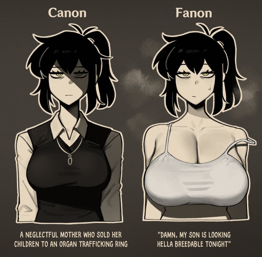1girls big_breasts black_hair breast_size_difference breasts busty canon_vs_fanon caption cathriellrue cleavage clothed clothing color dialogue english_text female female_focus female_only huge_breasts incest large_breasts mature_female milf mother no_bra older_female ponytail renee_graves sexy solo solo_female steam sweat tank_top text the_coffin_of_andy_and_leyley twitter_link voluptuous voluptuous_female yellow_eyes