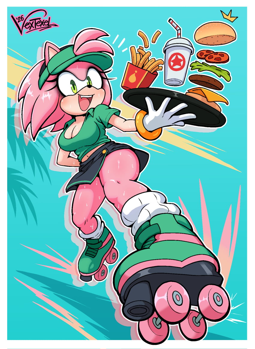 1girls amy_rose anthro blush burger cleavage ecchi fast_food fast_food_uniform french_fries from_below furry furry_female green_eyes legs pink_fur pinup roller_skates sega soda sonic_the_hedgehog_(series) sweat thick_thighs tray vextexel