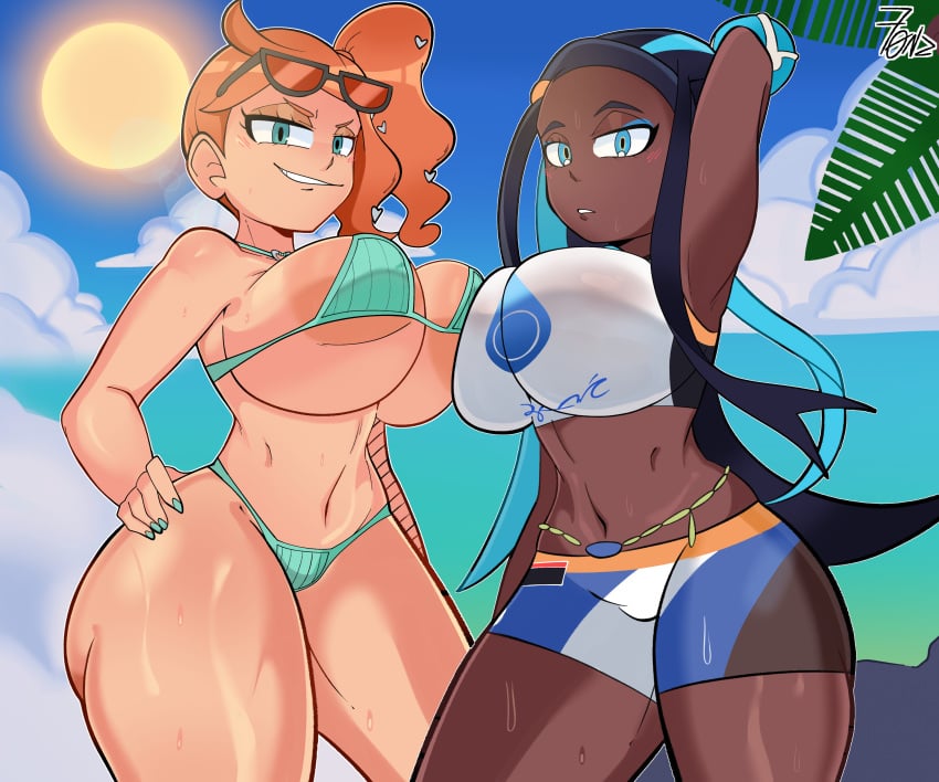 2girls beach bikini black_hair blue_highlights dark-skinned_female fonz fonz_(artist) nessa_(pokemon) nintendo orange_hair pokemon pokemon_ss sonia_(pokemon) sun sunglasses sunglasses_on_head swimsuit wet_clothes wet_shirt