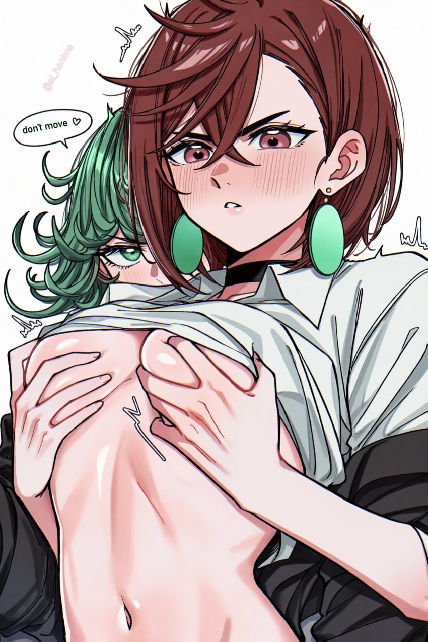 2girls ai_assisted ayase_momo ayase_momo_(dandadan) blush blushing blushing_face blushing_female breast_grab breast_massage brown_eyes brown_hair dandadan female/female female_only green_eyes green_hair massage one-punch_man onepunchman petite petite_body petite_female sexy sexy_body sexy_female skinny skinny_female tatsumaki tatsumaki_(one-punch_man) young yuri
