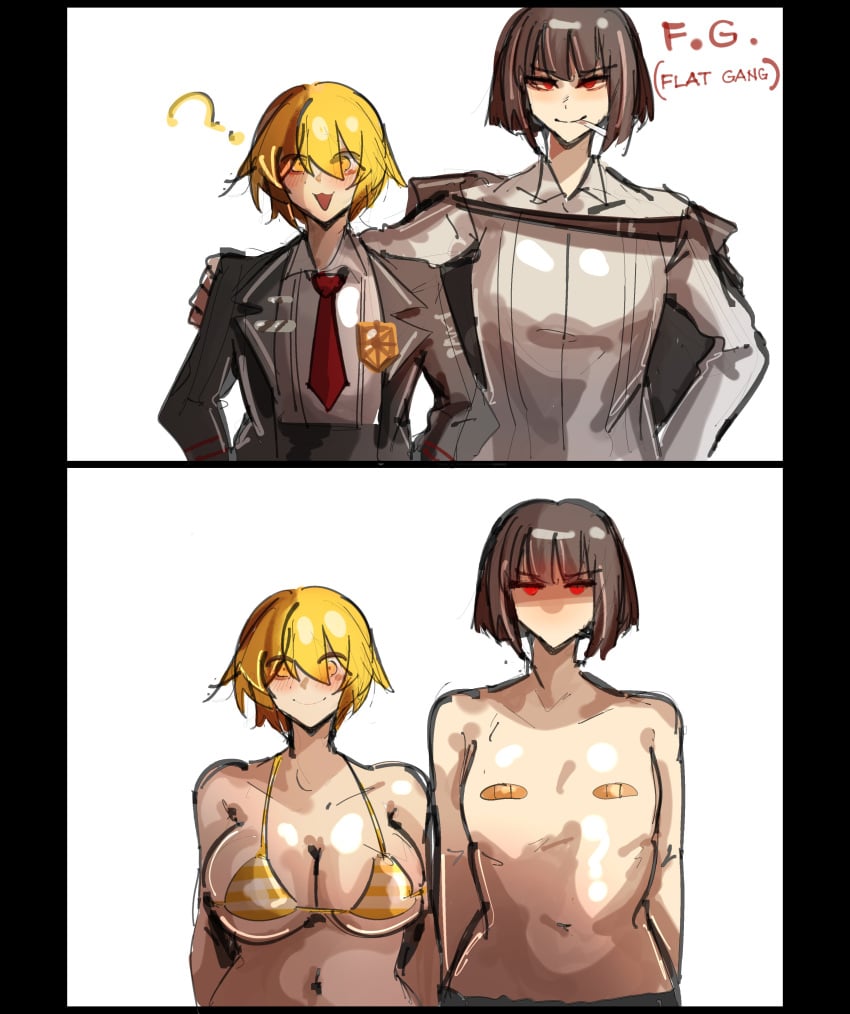 2026 2d 2d_(artwork) 2d_artwork 2girls :3 arczaeon bandage bandaged_chest blonde blonde-haired_female blonde_female blonde_hair blonde_hair_female bra brown_hair brown_hair_female clothed clothed_female clothed_female_clothed_female color colored don_quixote_(limbus_company) flat_chest flat_chested light-skinned_female light_skin limbus_company project_moon red_eyes red_eyes_female ryoshu_(limbus_company)