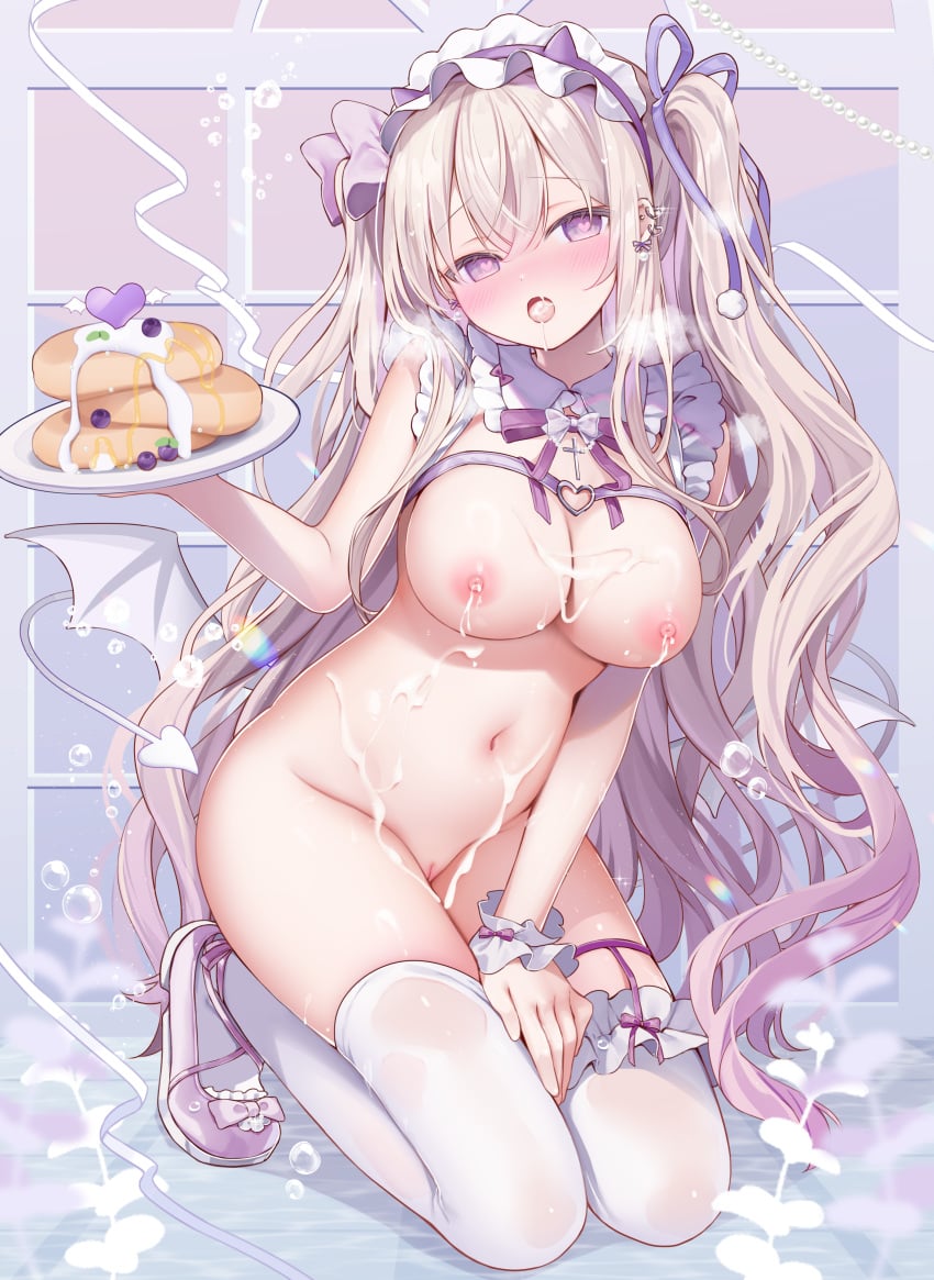 1girl ame_usari blonde_hair breasts cameltoe cum cum_in_mouth cum_on_belly cum_on_body cum_on_breasts cum_on_thighs demon_tail demon_wings detached_collar devil_tail devil_wings earrings exposed_breasts female female_only food frilled_collar frilled_wristband hair_ribbon highres kneeling lactation large_breasts loafers long_hair maid maid_collar maid_headdress naked naked_female nipples nude original pancake plate pussy revealing_breasts shoes straight_hair thigh_strap thighhighs tied_hair twintails uncensored wings wristband