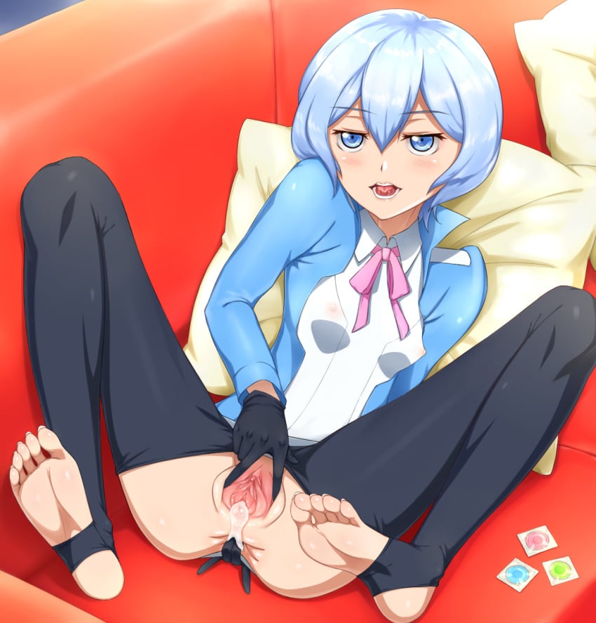 anal_fingering barefoot blue_eyes condom cum cum_in_pussy cum_inside fingering gloves gundam gundam_build_fighters gundam_build_fighters_try kijima_shia pantyhose pantyhose_pull pussy shoujo_donburi silver_hair spread_pussy toeless_legwear