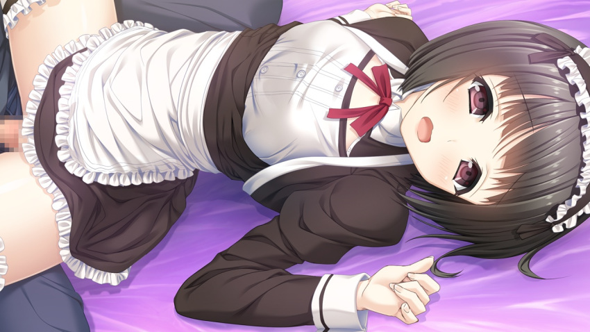 bed black_hair blush breasts censored female game_cg haru_kiss highres legs looking_at_viewer lying maid maid_headdress mikoto_akemi open_mouth penis pink_eyes sex short_hair small_breasts spread_legs thighs vaginal_penetration