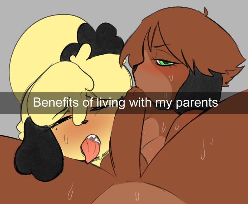 1boy 2026 2d 2girls animal_crossing anthro blowjob canine caption cock dick digby_(animal_crossing) english_text fellatio female furry furry_female furry_male furry_only green_eyes incest incest_(lore) male mother_and_son nintendo oral oral_sex parent_and_child penis penis_in_mouth sweat text tommiowo tongue tongue_out