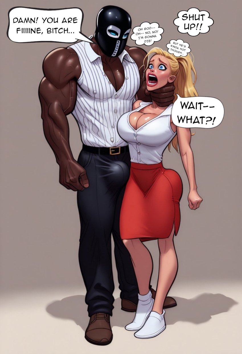 1boy 1girls ai_generated amy_wilson asphyxiation blonde_hair blue_eyes bulge bulge_through_clothing choking cleavage core_five dark-skinned_male dialogue huge_ass huge_breasts interracial light-skinned_female masked_male muscular oc original_character ponytail red_skirt scared_expression sn0wbunn1es0nly snow_bunnies speech_bubble thought_bubble