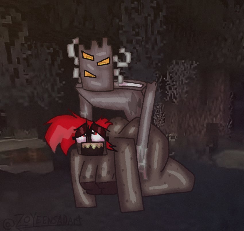 brown_nipples female forest grey_body grey_skin minecraft moss orange_eyes red_eyes red_hair ruby_(zoyeensadart) sex sex_from_behind the_creaking_(minecraft) zoyeensadart