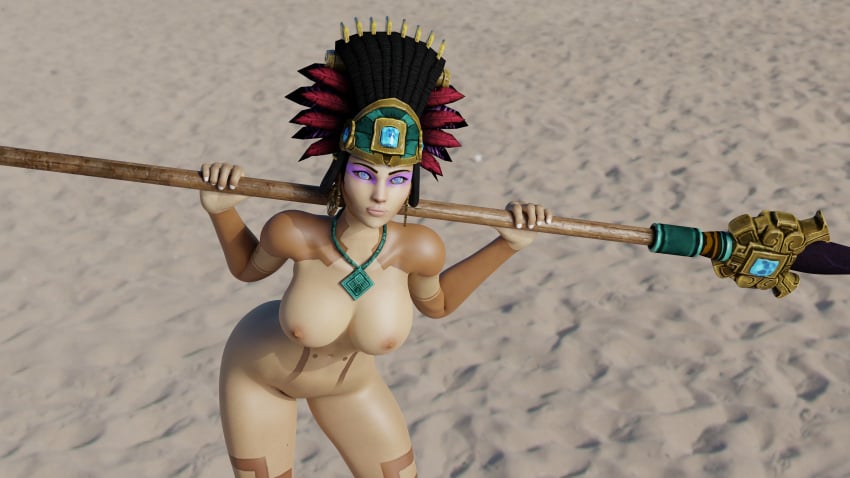 1girls 3d awilix_(smite) big_breasts black_hair female frostedzai_(artist) goddess hi-rez_studios mayan_mythology mesoamerican_mythology mythology nude smite solo tan_skin tattoo wide_hips