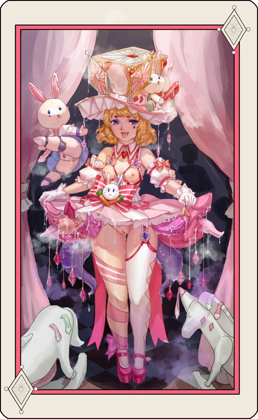 absurdres alice_margatroid alternate_costume blonde_hair blue_eyes blush border bow breasts carrot checkered_floor collar commentary_request condom cookie_(touhou) cum d_tomoki detached_collar detached_sleeves dildo female frilled_hat frills full_body garter_straps gloves hat highres ichigo_(cookie) lolita_fashion looking_at_viewer nipples open_mouth pink_bow pink_footwear pink_hat pink_skirt platform puffy_detached_sleeves puffy_sleeves pussy remote_control_vibrator rocking_horse sex_toy short_hair single_thighhigh skirt small_breasts smile solo standing striped_bow stuffed_animal stuffed_rabbit stuffed_toy tentacle thighhighs tongue tongue_out touhou uncensored used_condom vibrator white_border white_collar white_gloves