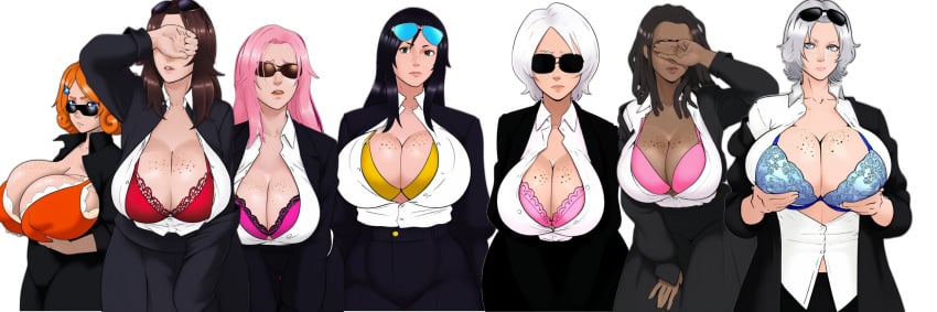 7girls ai_generated back_to_back black_hair black_suit black_suit_jacket bra brown_hair bunanza_ cleavage covering_eyes cowboy_shot dark-skinned_female dreadlocks edit edited formal_wear freckles_on_breasts glasses group huge_breasts leaning_forward light-skinned_female lined_up lineup long_hair long_sleeves multiple_females multiple_girls multiple_images n orange_hair pink_hair plump plump_breasts shades short_hair silver_hair simple simple_background tagme unbuttoned_shirt white_hair white_shirt wide_image widescreen