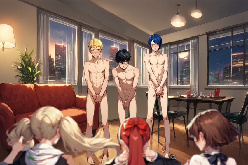 ai_assisted ai_generated almost_naked almost_nude ann_takamaki cfnm covering_crotch embarassed_male embarrassed enm female human kasumi_yoshizawa lost_bet lost_clothes makoto_niijima male pale_skin persona_5 ren_amamiya ryuji_sakamoto strip_poker yusuke_kitagawa