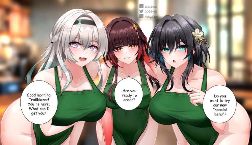 3girls apron apron_only ass barista blush breasts english_text firefly_(honkai:_star_rail) highres hips honkai:_star_rail honkai_(series) lingsha_(honkai:_star_rail) looking_at_viewer mostly_nude pale-skinned_female practically_nude ruan_mei_(honkai:_star_rail) smiling_at_viewer speech_bubble