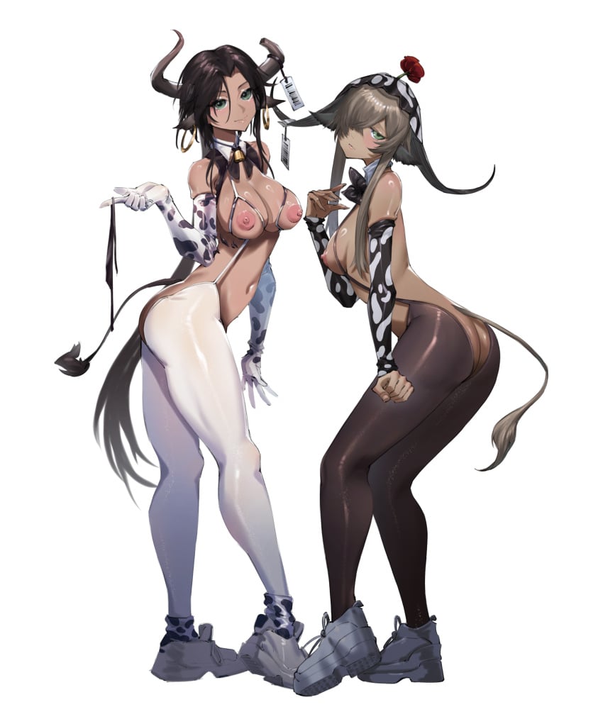 2girls arknights backless_outfit cow_girl ear_tag ghosty_(xiaobai) horns pallas_(arknights) wind_chimes_(arknights)