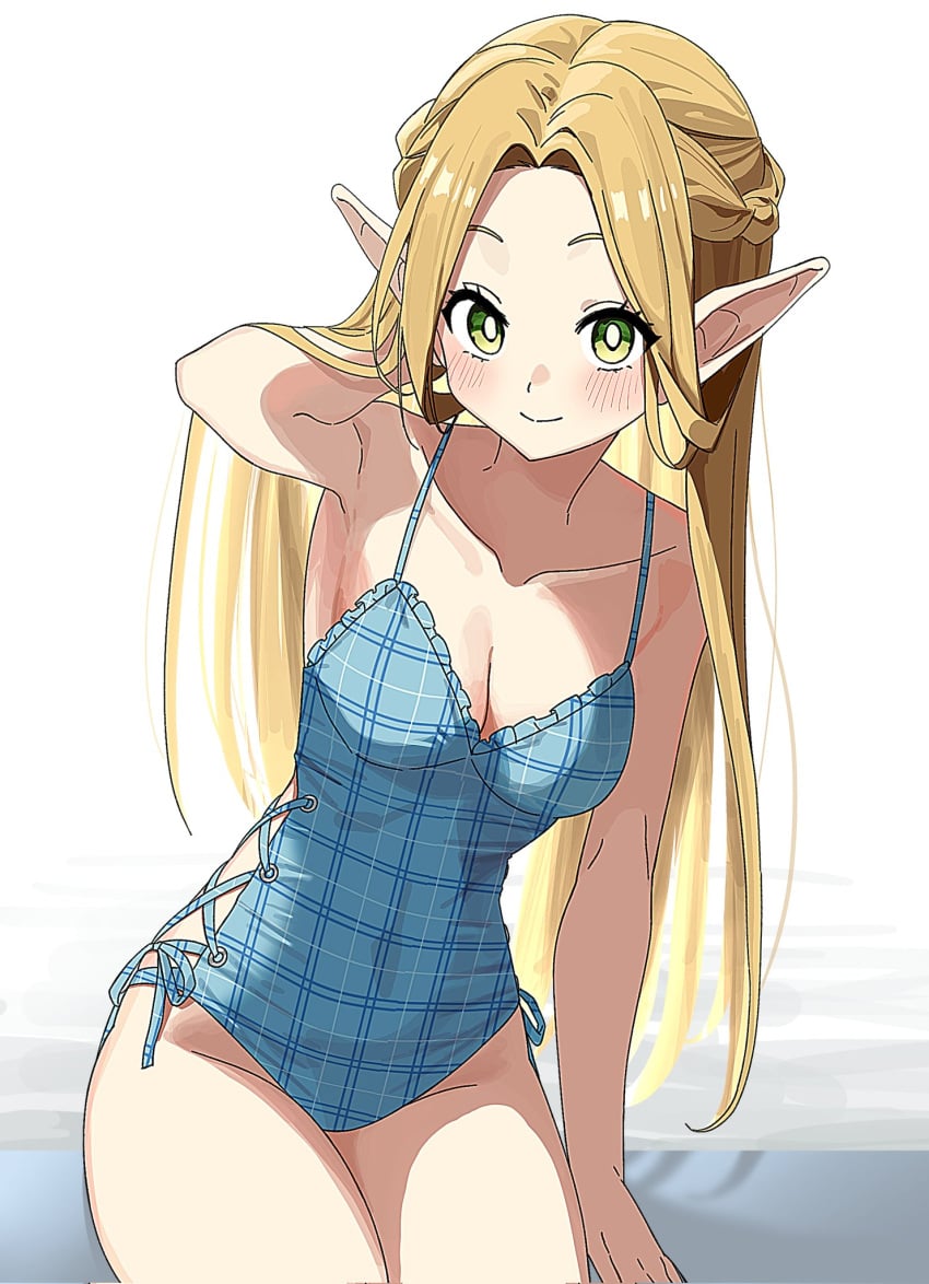 arm_up armpits ass_visible_through_thighs bare_arms bare_legs bare_shoulders bare_thighs blonde_hair blush breasts cleavage closed_mouth collarbone dungeon_meshi elf green_eyes groin kayuu_(hikentai0112) long_hair marcille_donato medium_breasts one-piece_swimsuit pointy_ears side-tie_swimsuit smile swimsuit thighs