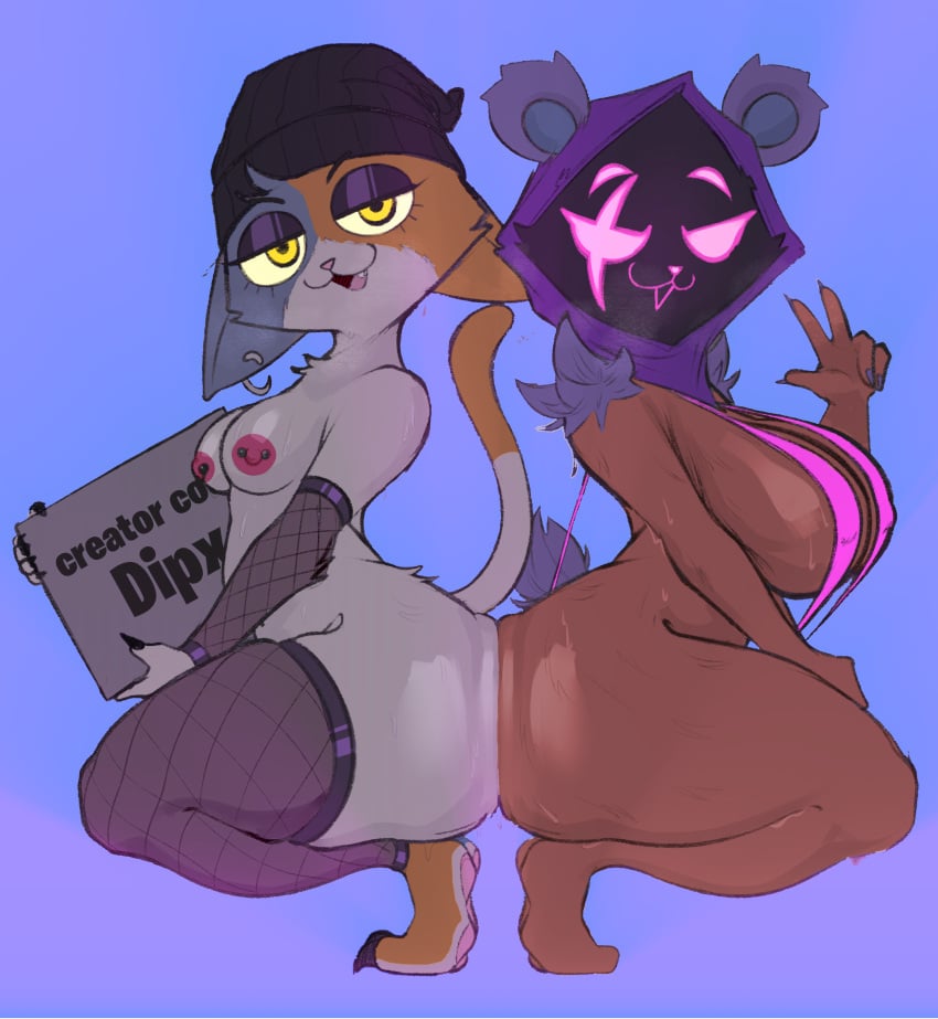 2girls alternate_version_at_source ass_to_ass bubble_ass bubble_butt color dark-skinned_female dipx female female_focus fortnite furry looking_at_viewer meow_skulls_(fortnite) no_humans one-piece_swimsuit raven_team_leader solo solo_female solo_focus thick_ass thick_thighs third-party_edit