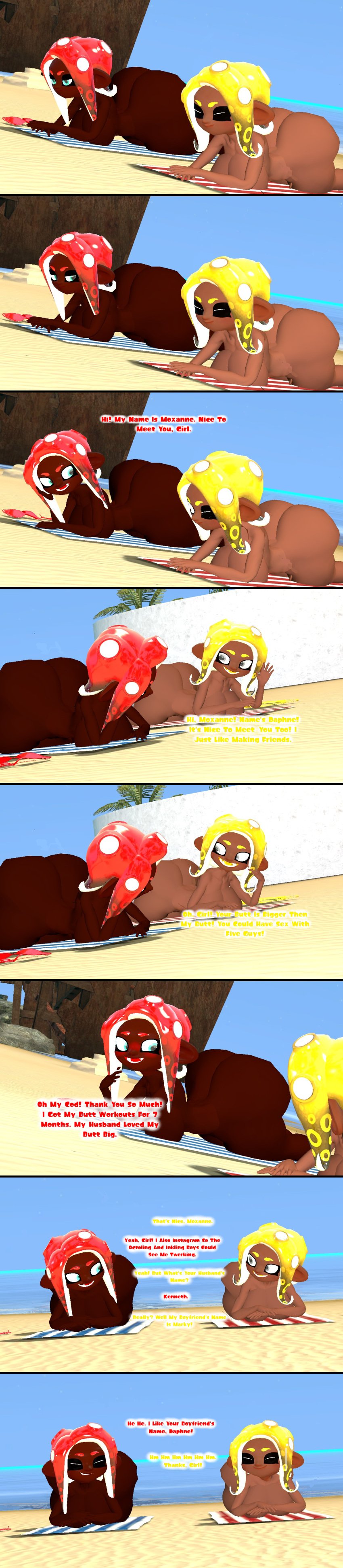 ass_bigger_than_torso beach big_ass_(female) big_ass_cheeks brown_skinned_female bubble_butt chatting dark-skinned_female ebony enormous_ass hiding_nipple huge_ass kaibernation large_ass naked_female octoling_girl splatoon splatoon_(series) sunbathing