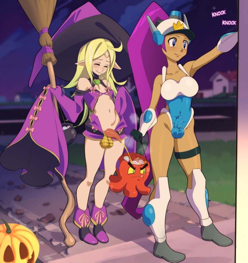 2futas animal_genitalia fire_emblem fire_emblem_awakening futa_only futanari halloween halloween_costume herchi holding_back_laughter mighty_switch_force nintendo nowi_(fire_emblem) nowi_(halloween)_(fire_emblem) patricia_wagon peeing peeing_into_container shantae shantae_(character) snickering squid_baron tight_clothing trick_or_treat wayforward