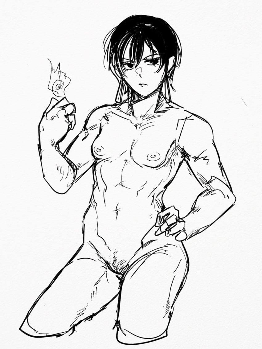 1girls black_hair earrings female fire hiyuki_kagari kagurabachi katsutentacle muscular_female naked nude pubic_hair short_hair sketch small_breasts