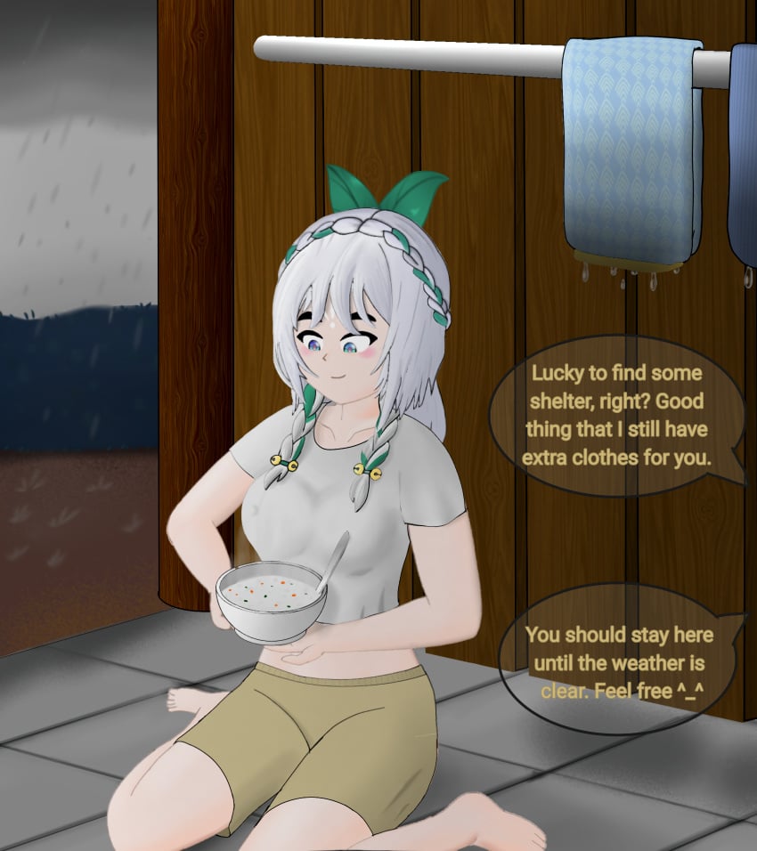 braided_hair female female_only food heterochromia medium_breasts raining shadow_fight shadow_fight_4 sitting smiling speech_bubble wet_clothes white_hair wholesome yunlin_(shadow_fight_4)