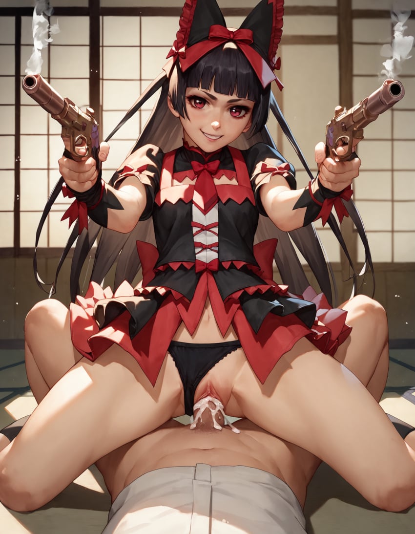 age_difference ai_generated black_hair black_panties cowgirl_position cum_in_pussy cumming gate_-_jieitai_ka_no_chi_nite_kaku_tatakaeri goth gothic_lolita gun panties_aside partial_male rory_mercury rtxfus rtxfus34 small_breasts smile smoke thighs vaginal_penetration young younger_female