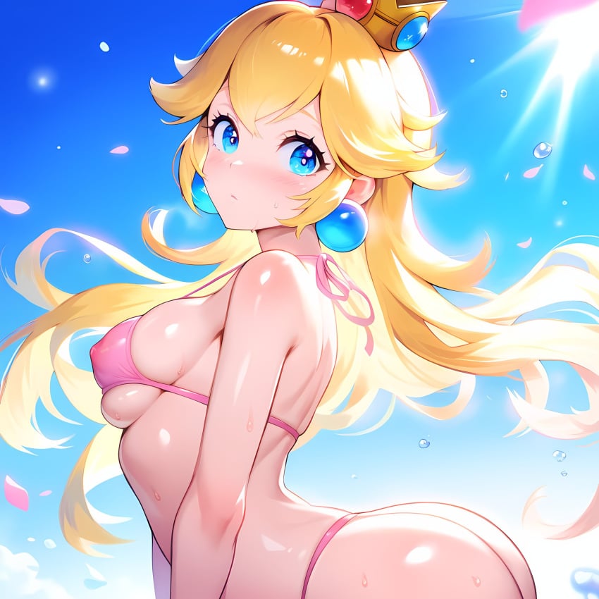 1girls ai_generated arched_back ass bangs bare_arms bare_shoulders bikini blonde_hair blue_eyes blue_sky blush breasts closed_mouth clothing cloud covered_nipples crown day earrings female female_focus female_only floating_hair halterneck headwear high_resolution jewelry large_breasts long_hair looking_at_viewer looking_back looking_to_the_side mario_(series) micro_bikini outdoors petals pink_bikini pink_swimsuit princess_peach shiny sideboob skindentation sky solo strap_gap string_bikini sunlight super_mario_bros. sweat swimsuit thong thong_bikini thong_swimsuit underboob upper_body water_drop wet