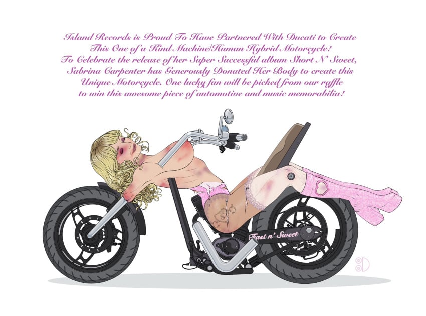 advertisement bondage bound english_text female femsub gore guro high_heels lingerie motorcycle permanent_bondage platform_heels sabrina_carpenter stockings text tittydispenser transformation