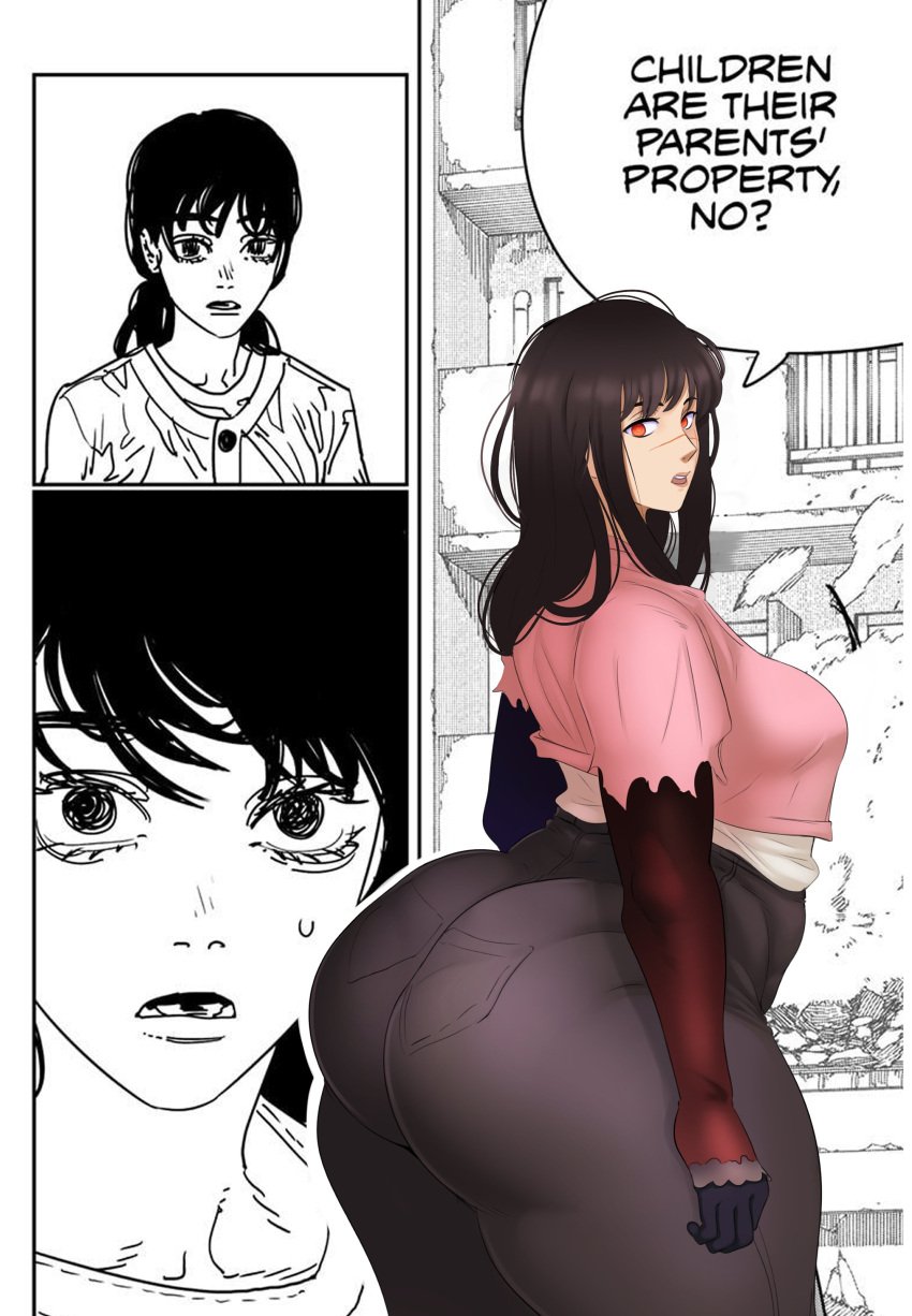 1girls ass bottom_heavy chainsaw_man clothing dialogue edited_official_artwork female fully_clothed huge_ass mitaka_asa solo solo_female sunnysundown text thick_thighs thunder_thighs yoru_(chainsaw_man)