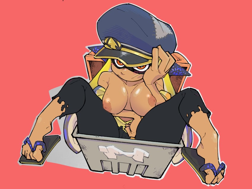 agent_3_(splatoon) agent_3_(splatoon_3) annoyed annoyed_expression black_pants breasts captain captain_(splatoon_3) captain_hat captain_outfit cooler feet gluten000000 hand_on_cheek hat headphones headwear inkling inkling_girl sandals sitting sitting_in_cooler squid squid_girl titties toes toes_curled toes_scrunch topless topless_female torn_clothes torn_clothing torn_pants yellow_hair