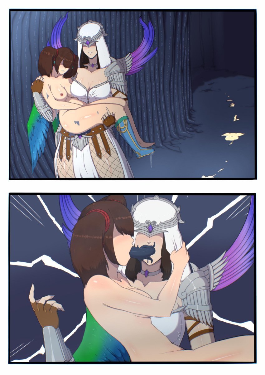 2girls asian_mythology blue_tentacles breasts brown_hair chinese_mythology clothing creature_inside european_mythology female gammanor goddess greek_mythology hi-rez_studios jing_wei_(smite) legs_held_open legs_together light-skinned_female light_skin long_hair mythology nemesis_(smite) nipples open_mouth oral oral_sex parasite penetration pussy rape sex smite spread_legs tentacle tentacle_link tentacle_rape tentacle_sex wide_hips