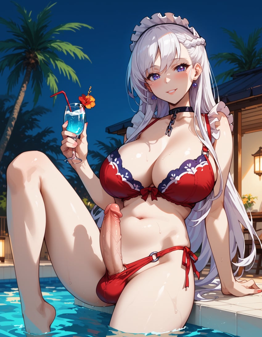 1futa ai_generated azur_lane belfast_(azur_lane) big_penis bikini dickgirl esendor futa_only futanari huge_breasts long_hair looking_at_viewer maid_headdress pool smile solo solo_futa stable_diffusion testicles white_hair