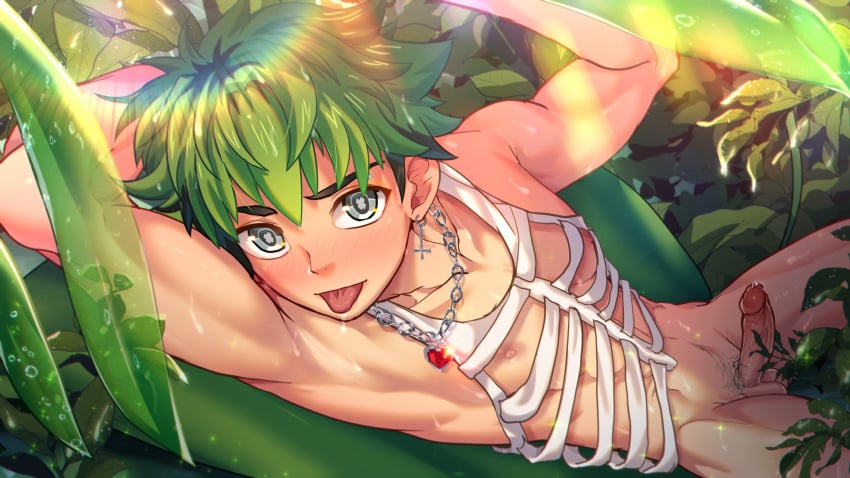 1boy :p absurdres armpits chain_necklace chains collarbone cross cross_earrings earrings flare green_hair grey_eyes heart heart_necklace highres jewelry leaf looking_at_viewer male_focus male_pubic_hair mikkoukun necklace nipples nude original outdoors penis pubic_hair rain ribs shaved_armpit short_hair solo tank_top tongue tongue_out variant_set white_tank_top