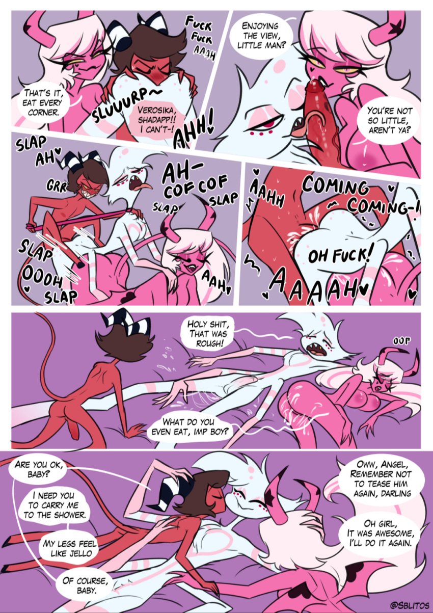 after_sex angel_dust_(hazbin_hotel) collar dialogue eating_ass hazbin_hotel helluva_boss imp sblitos succubus sucking_penis text threesome verosika_mayday_(helluva_boss)