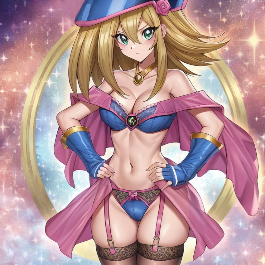 1woman ai_generated arms artist_request bare_shoulders belly belly_button black_trim blonde_hair blue_background blue_bra blue_gloves blue_hat blush bow bow_panties bra breasts brown_thighhighs brown_trim cameltoe cleavage cleft_of_venus dark_magician_girl elbow_gloves eyebrows eyelashes fingerless_gloves fingernails flower_on_hat garter_straps gloves gold_background gold_necklace green_eyes green_trim hands_on_own_waist hat hips konami large_breasts lingerie long_eyelashes long_hair magical_girl magician magician_hat mirror monster_girl navel necklace pink_background pink_garter_straps pink_lips pink_rose pink_skirt pink_trim purple_background rose shiny_breasts shiny_clothes shiny_hair shiny_skin shonen_jump skirt slim_waist standing starry_background thick_eyelashes thick_thighs thighhighs thighs thin_eyebrows underwear very_long_hair visible_ribs wide_hips witch witch_hat yu-gi-oh! yu-gi-oh!_duel_monsters